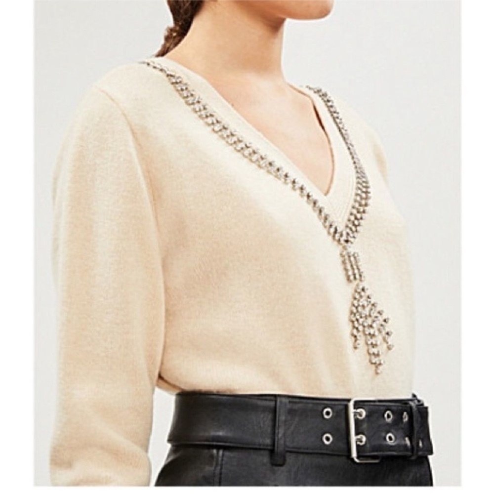 Sandro Paris Cream V-Neck Sweater with Rhinestone Neckline 2 - Picture 2 of 6